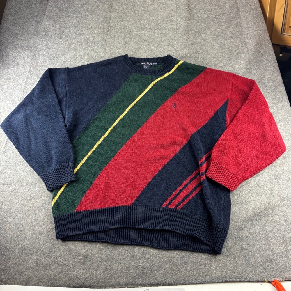 Vintage Nautica Colorblock Sweater Mens XL Cotton Linen Navy Green Red Stripe